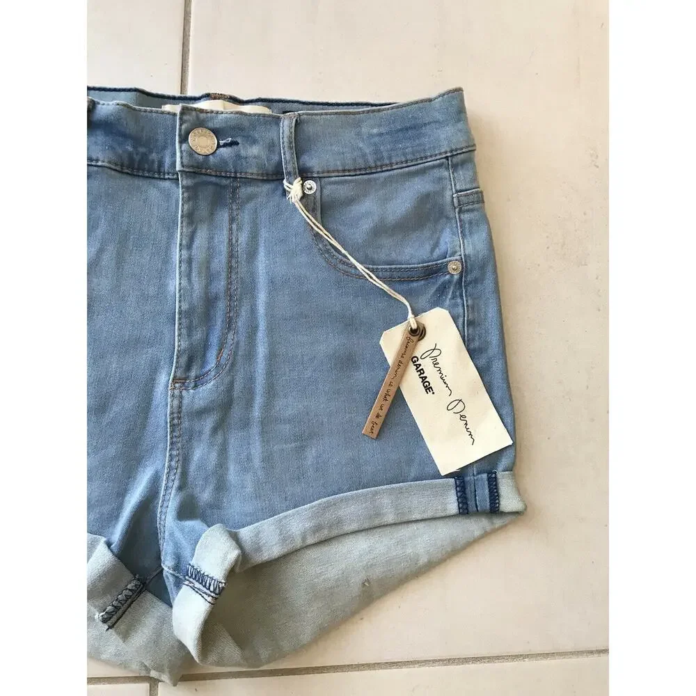 Garage  Retro High Waist Cuffed Soft Stretch Denim Shorts